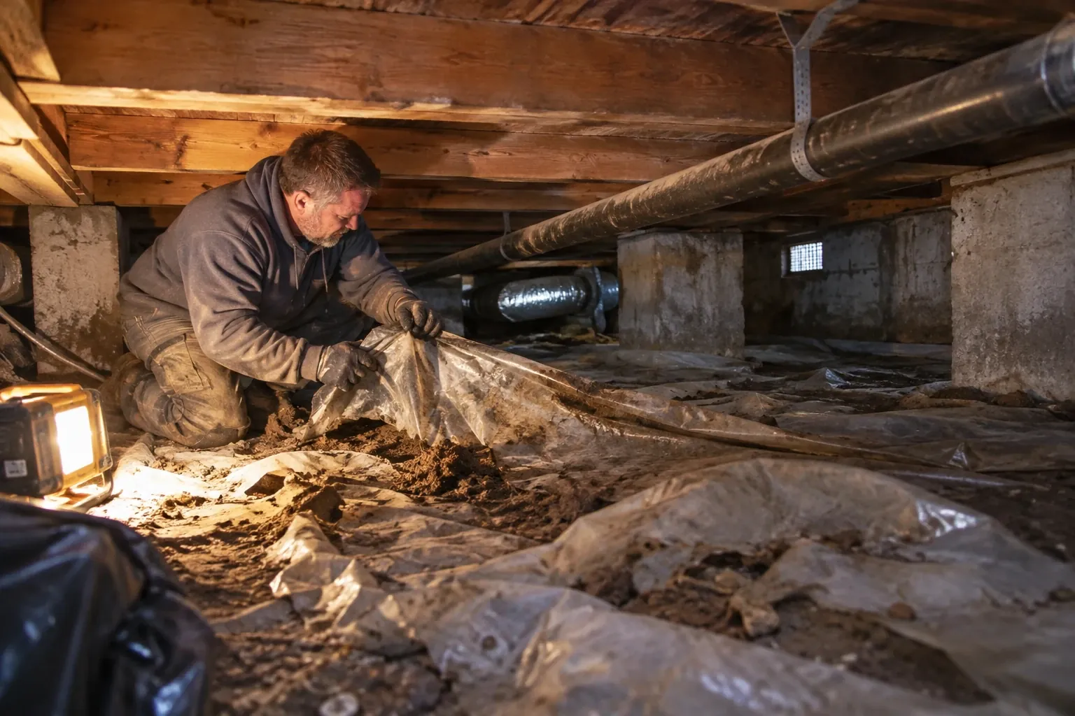 A technician with a headlamp and work gloves removes old insulation and debris from a damp crawl space beneath a Craftsman bungalow.