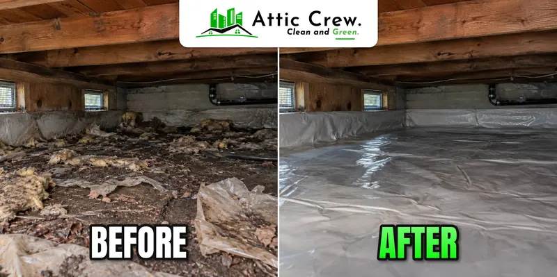 Crawl space cleaning with debris and dirt floor clearing in Mount Vernon bungalow: before and after