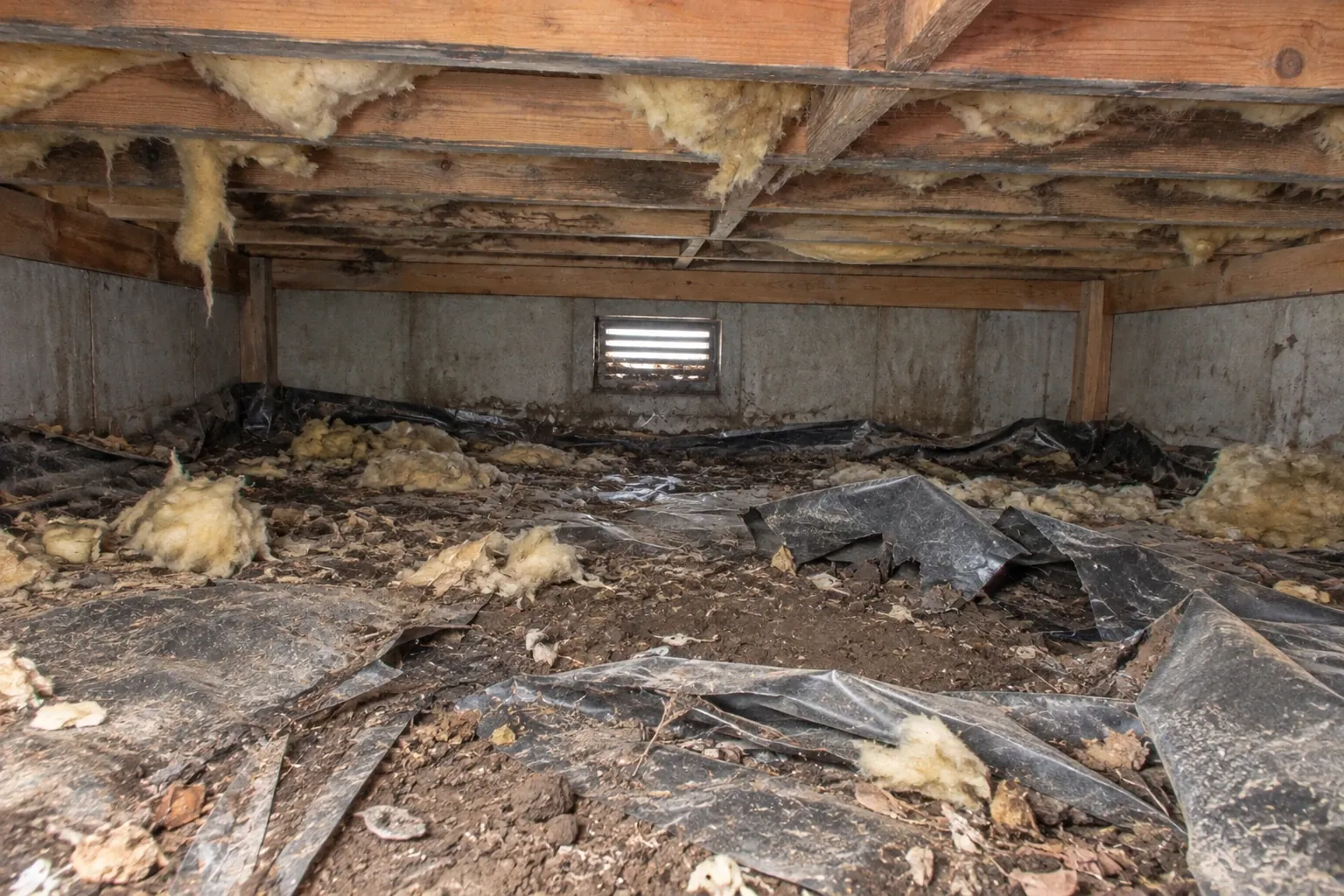 Before: The crawl space floor is cluttered with fragments of worn insulation and torn plastic vapor barrier.