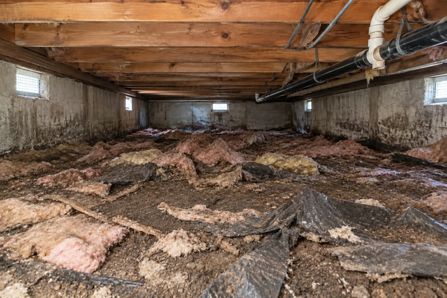 Before: The crawl space floor covered unevenly with old insulation debris and torn black vapor barrier plastic, showing visible clutter and neglect.