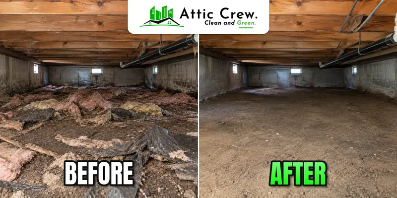 Crawl space cleaning with debris and worn vapor barrier removal in Olympia rambler: before and after