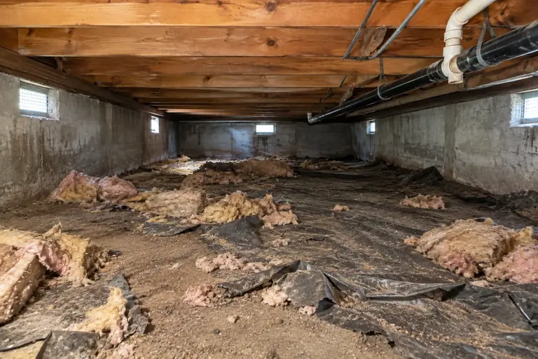 Crawl space cleaning with debris and worn vapor barrier removal in Olympia rambler, in progress: A technician carefully removing old torn vapor barrier and insulation debris from the crawl space floor to clear the area.