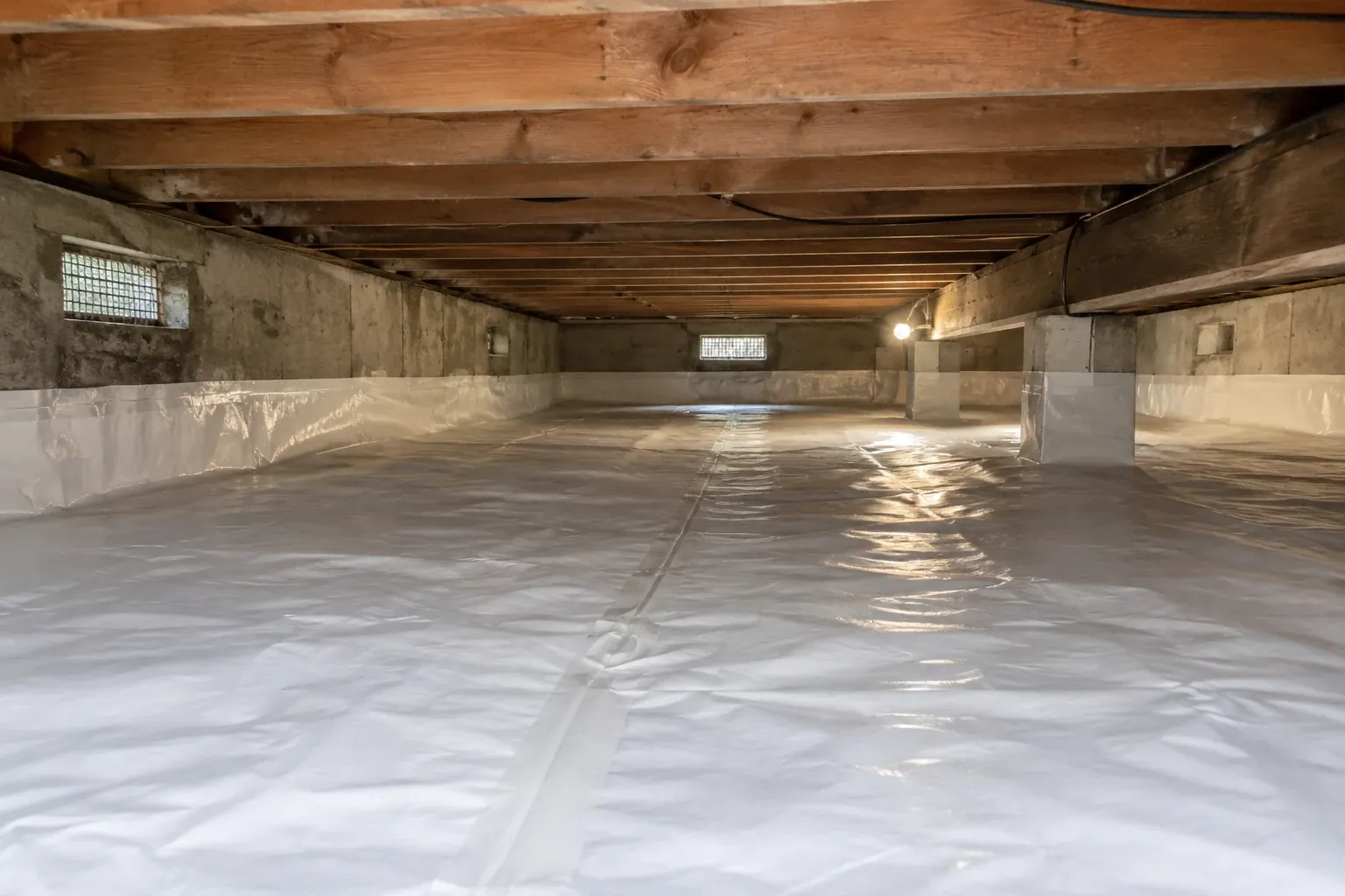 After: The crawl space liner is fully installed, creating a clean and sealed environment that protects against moisture and pests.