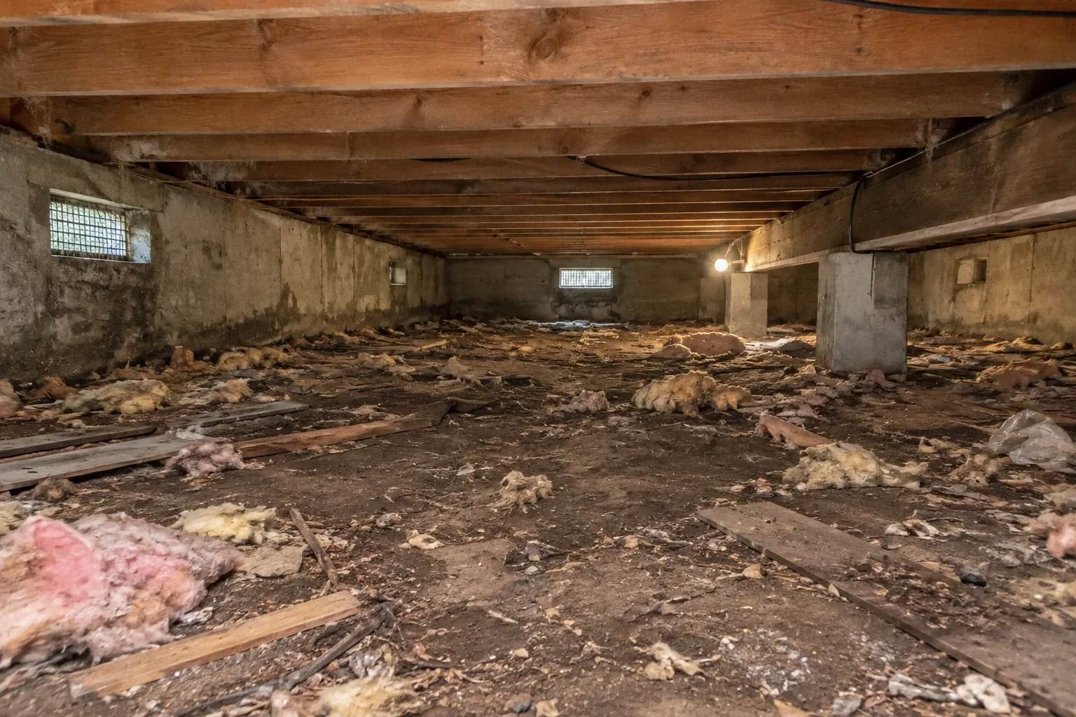 Before: The crawl space floor is covered in debris and old insulation remnants, making the area appear dirty and neglected.