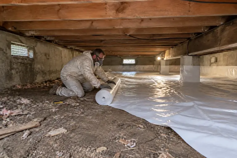 Crawl space cleaning with debris-strewn dirt floor, in progress: A technician carefully lays out the clean crawl space liner over the dirt floor.
