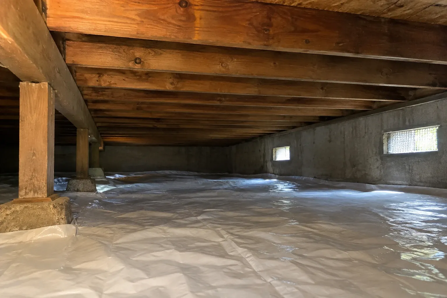 After: Crawl space joists completely cleaned and sealed to prevent future mold growth, restoring structural integrity.