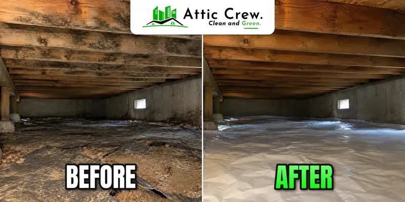 Crawl space cleaning with joist mold treatment: before and after
