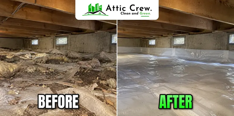 Crawl space cleaning with old insulation and debris removal in Kent: before and after