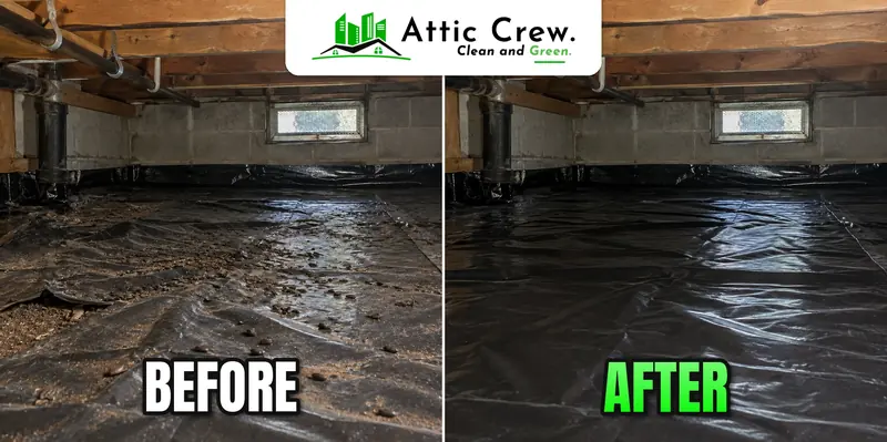 Crawl space cleaning with rodent droppings removal and barrier resealing: before and after