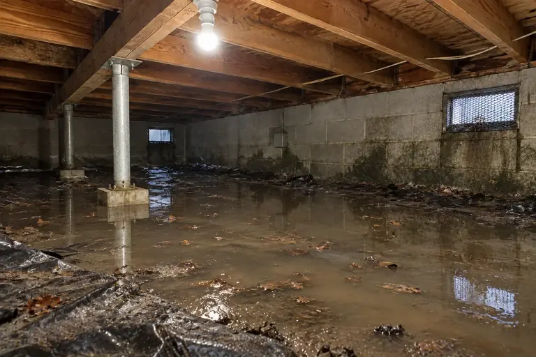 Crawl space cleaning with standing water drain and seal, before: Before cleaning, the crawl space floor is covered with standing water pooling near the foundation wall.