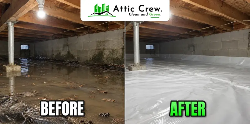 Crawl space cleaning with standing water drain and seal: before and after