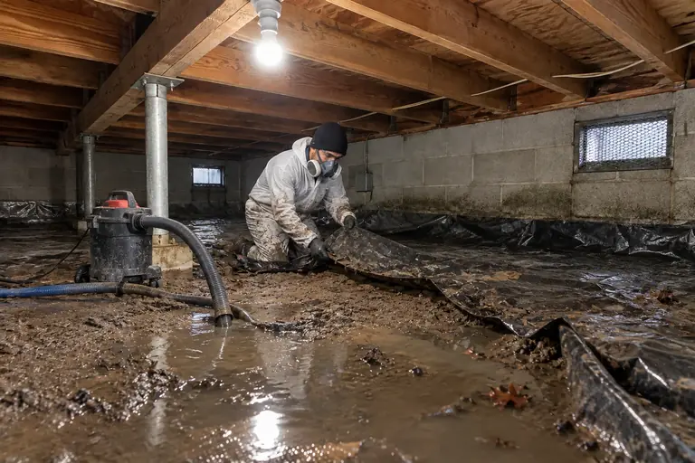 Crawl space cleaning with standing water drain and seal, in progress: A technician carefully removes the torn black vapor barrier and pumps out the standing water.