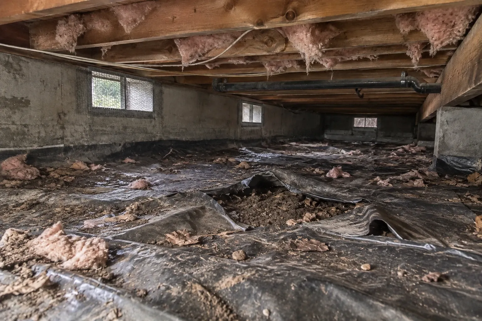 Before: The crawl space is shown before work, with the old black polyethylene vapor barrier torn and damaged, exposing dirt and debris below.