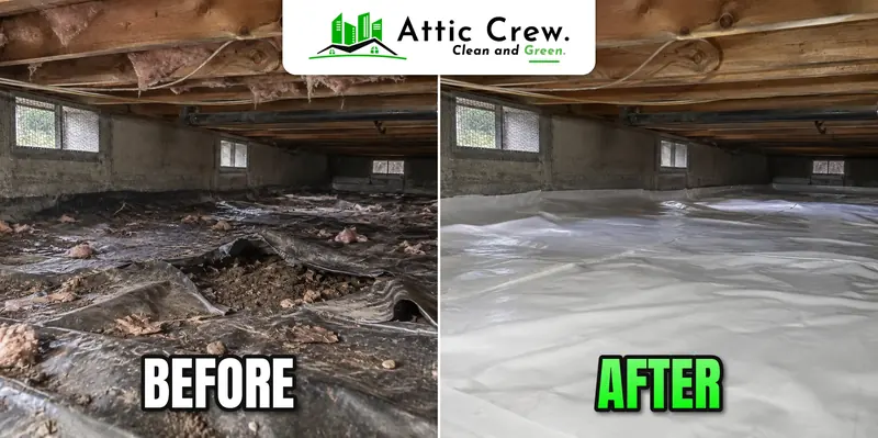 Crawl space cleaning with torn black poly removal and replacement: before and after