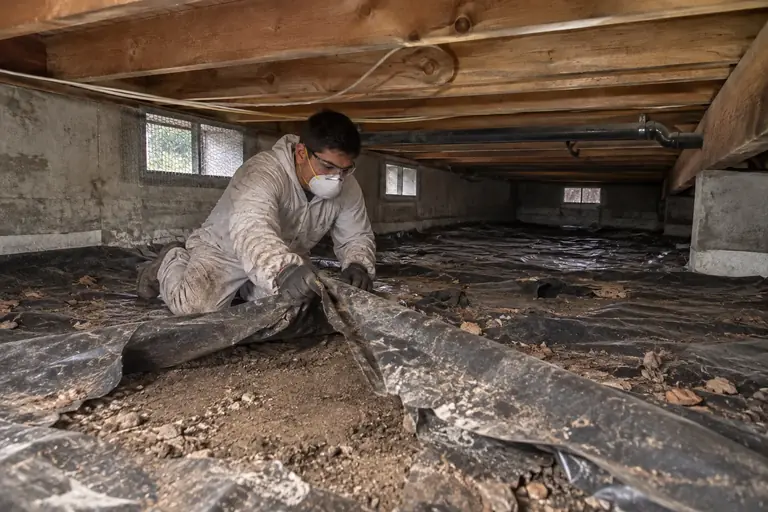 Crawl space cleaning with torn black poly removal and replacement, in progress: A technician is carefully removing the torn black polyethylene vapor barrier.