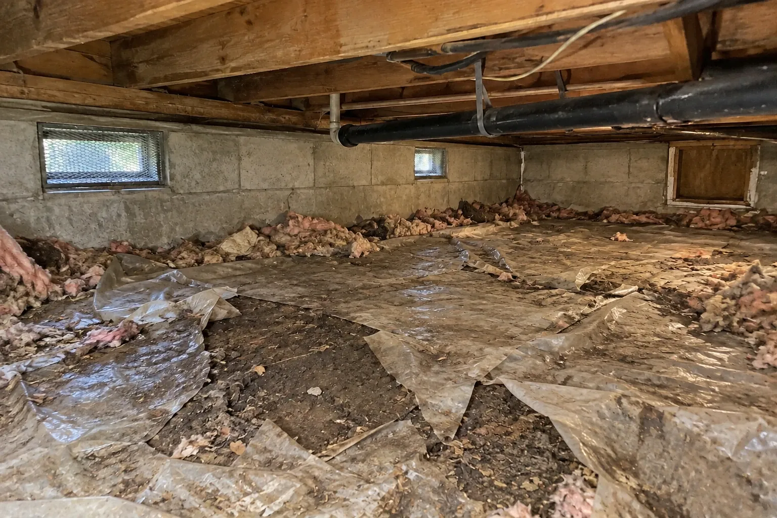 Before: Before cleaning, the crawl space floor’s vapor barrier is heavily worn, torn, and dirty, with debris and exposed damp soil clearly visible.