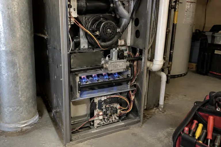 A gas furnace opened up for diagnosis.