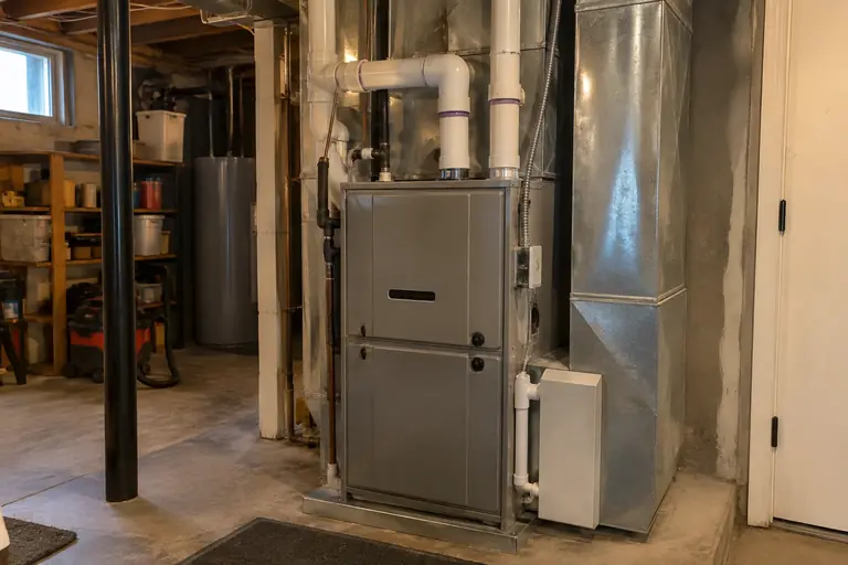 A new high-efficiency gas furnace with carefully installed PVC venting is showcased in a clean garage.