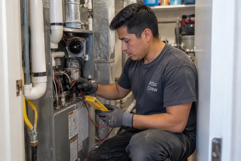 A technician inspects and replaces the igniter on a residential gas furnace in a basement utility closet of a Craftsman bungalow.