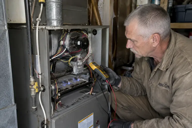 A technician performs a detailed diagnosis of a gas furnace inside a residential garage.
