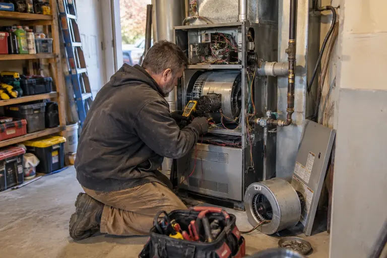 A technician performs a thorough diagnosis and replacement of a faulty igniter inside a residential gas furnace in a Seattle basement.