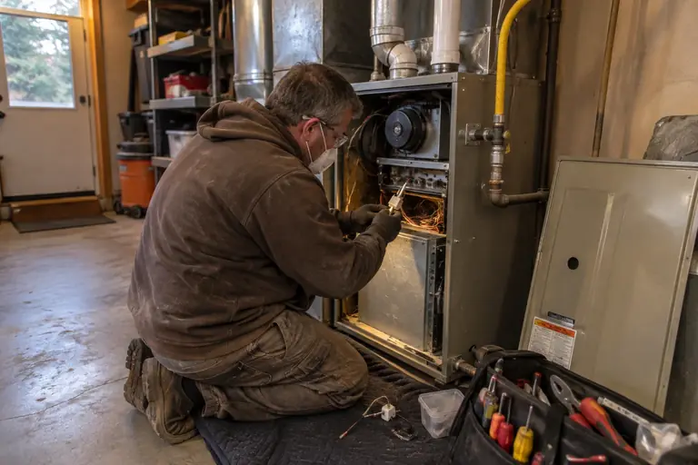 A technician replaces a hot-surface ignitor in a residential gas furnace located in a garage.