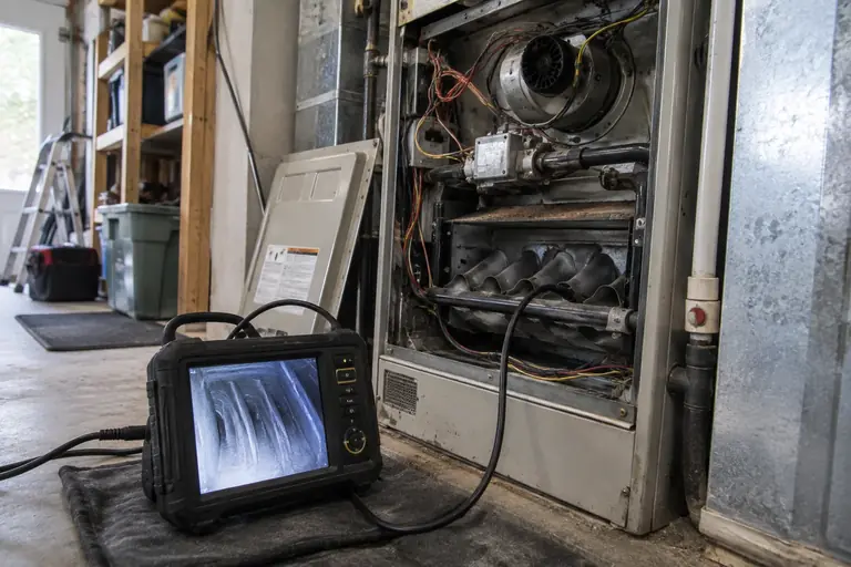 Close-up view of a heat exchanger inspection inside a gas furnace using a specialized camera, with no technician present.