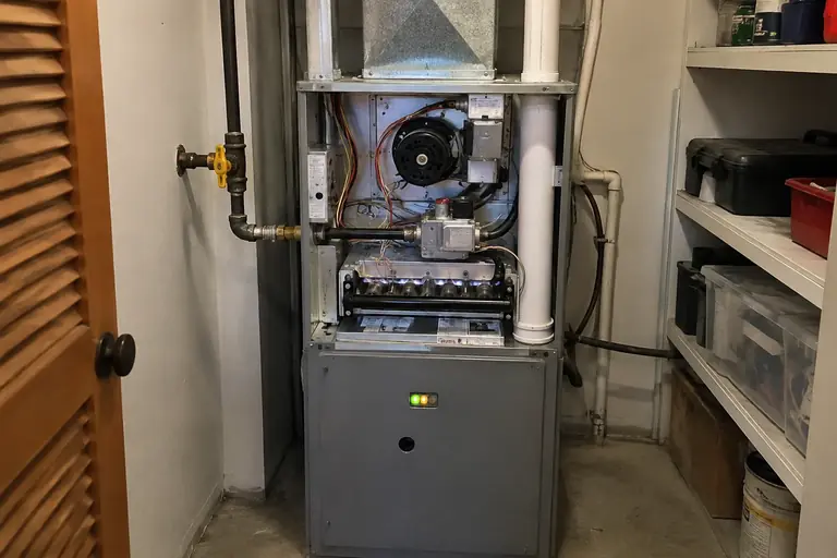 Furnace repair in Seattle utility closet, after: The repair is complete with the furnace burner cleaned and igniter reconnected.