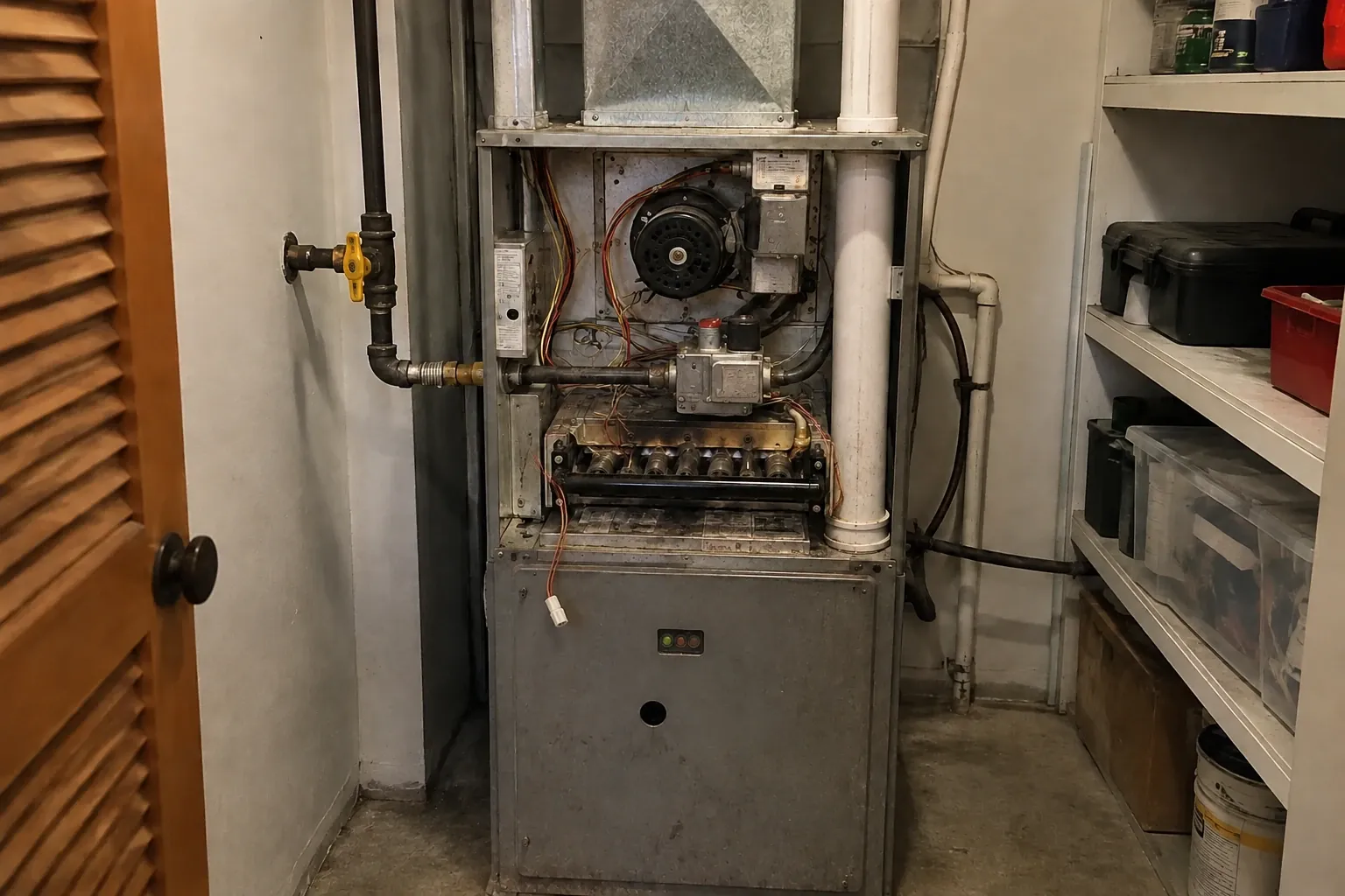 Before: The furnace burner area shows soot buildup and a disconnected igniter wire, causing ignition issues.