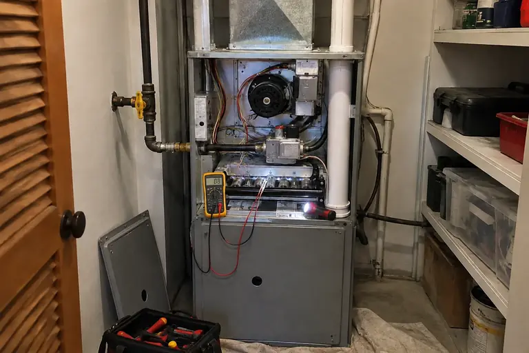 Furnace repair in Seattle utility closet, in progress: A technician carefully removes the furnace's burner panel to access the defective igniter for replacement.