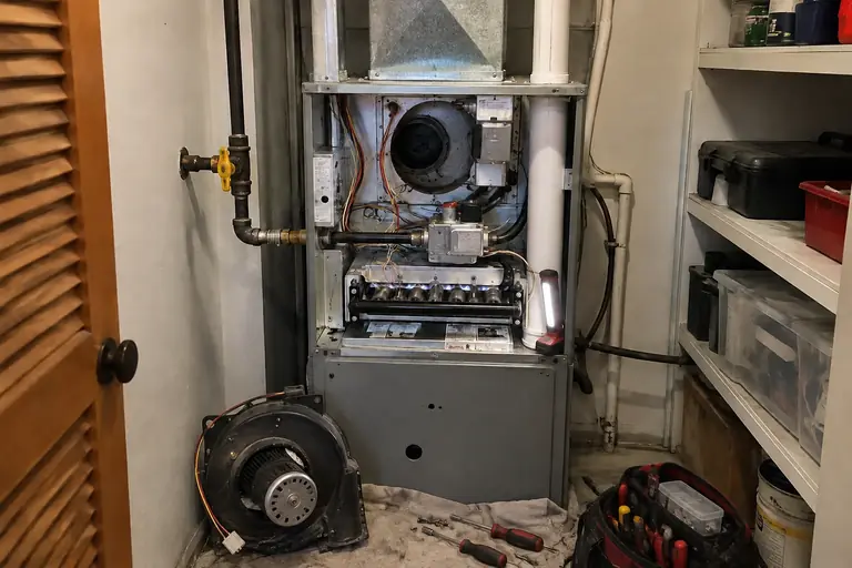 Furnace repair in Seattle utility closet, in progress: A technician replaces the igniter and cleans soot from the burner assembly to restore proper ignition.