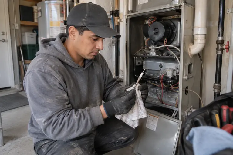 Technician cleans a flame sensor on a gas furnace in a residential garage.