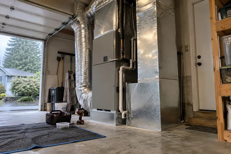 A clean, modern air handler and plenum installed in a garage.