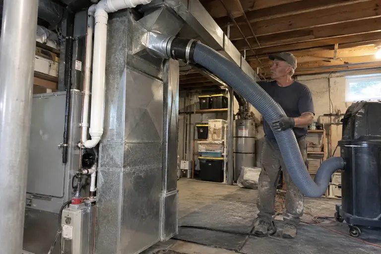A negative-air hose connected to the main trunk in a basement.