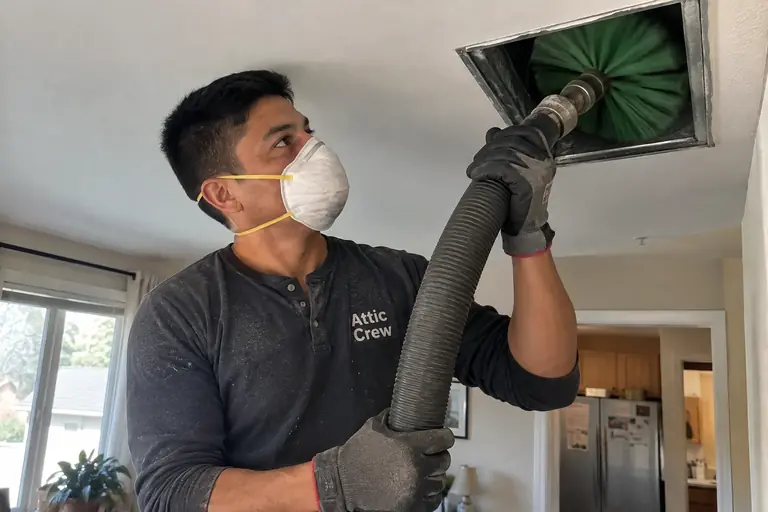 A technician cleans a ceiling register with a rotating brush.