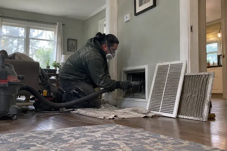 A technician in full protective gear carefully cleans a return air grille and filter slot to enhance indoor air quality in a Seattle home.