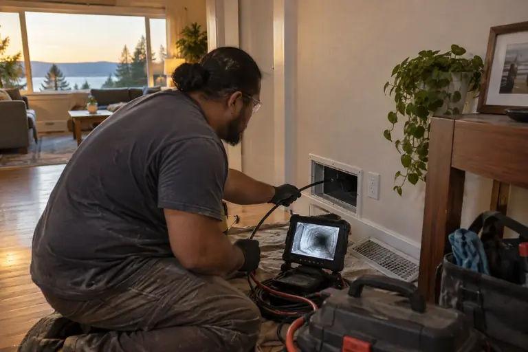 A technician inspects a duct with a camera.