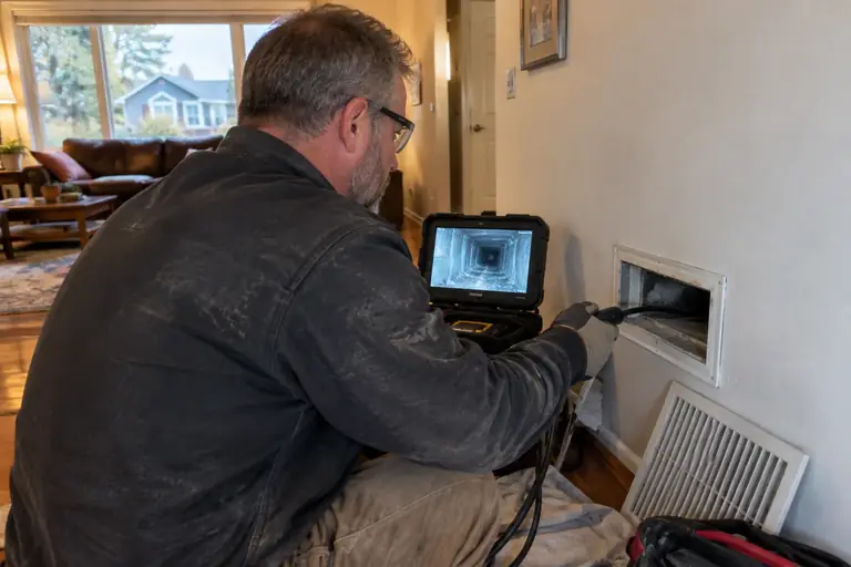 A technician inspects a return duct with a camera.