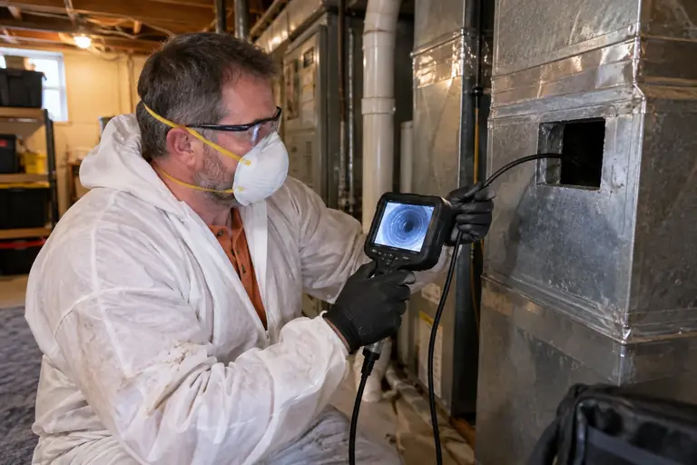 A technician inspects ductwork with a camera.