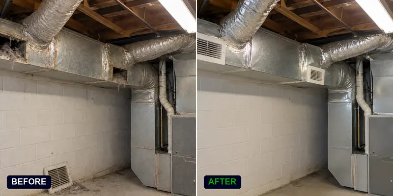 HVAC air duct cleaning and inspection in a 1990s Seattle suburban home: before and after