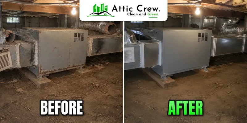 HVAC service in split-level crawl space: before and after