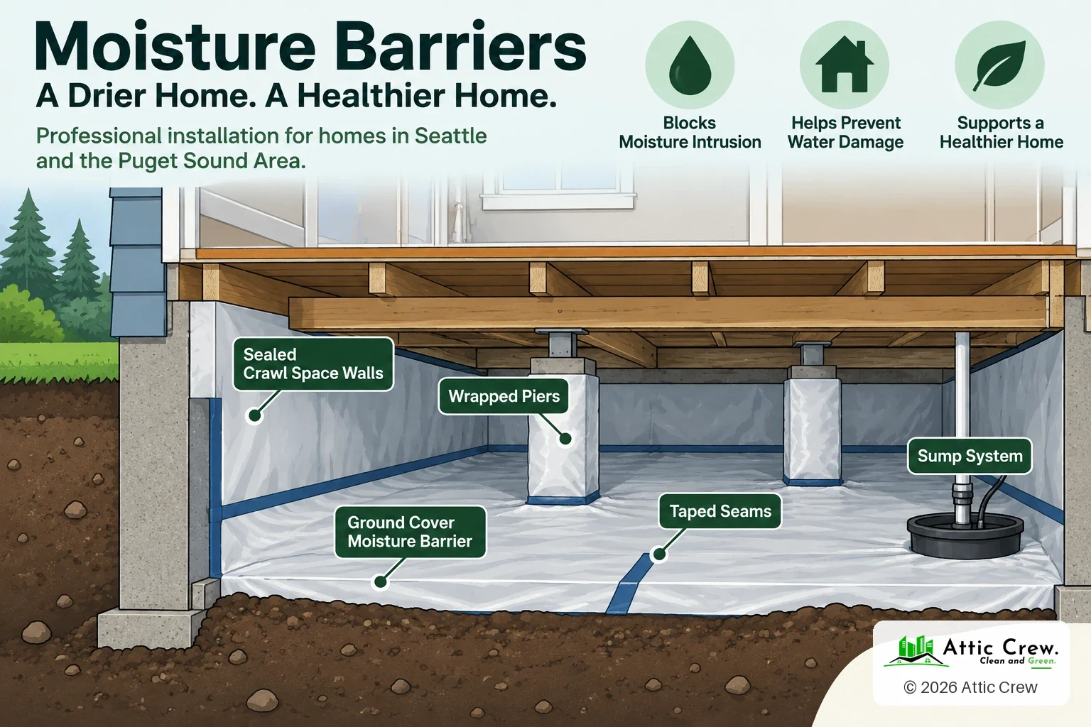 Infographic: Anatomy of a sealed crawl space. Ground cover: A moisture barrier covers the soil from wall to wall. Taped seams: Overlaps are sealed so moisture can't get through. Wrapped piers: The barrier runs up and around every pier. Sealed walls: The barrier is sealed to the crawl space walls. Sump system: A sump pump handles water that collects.