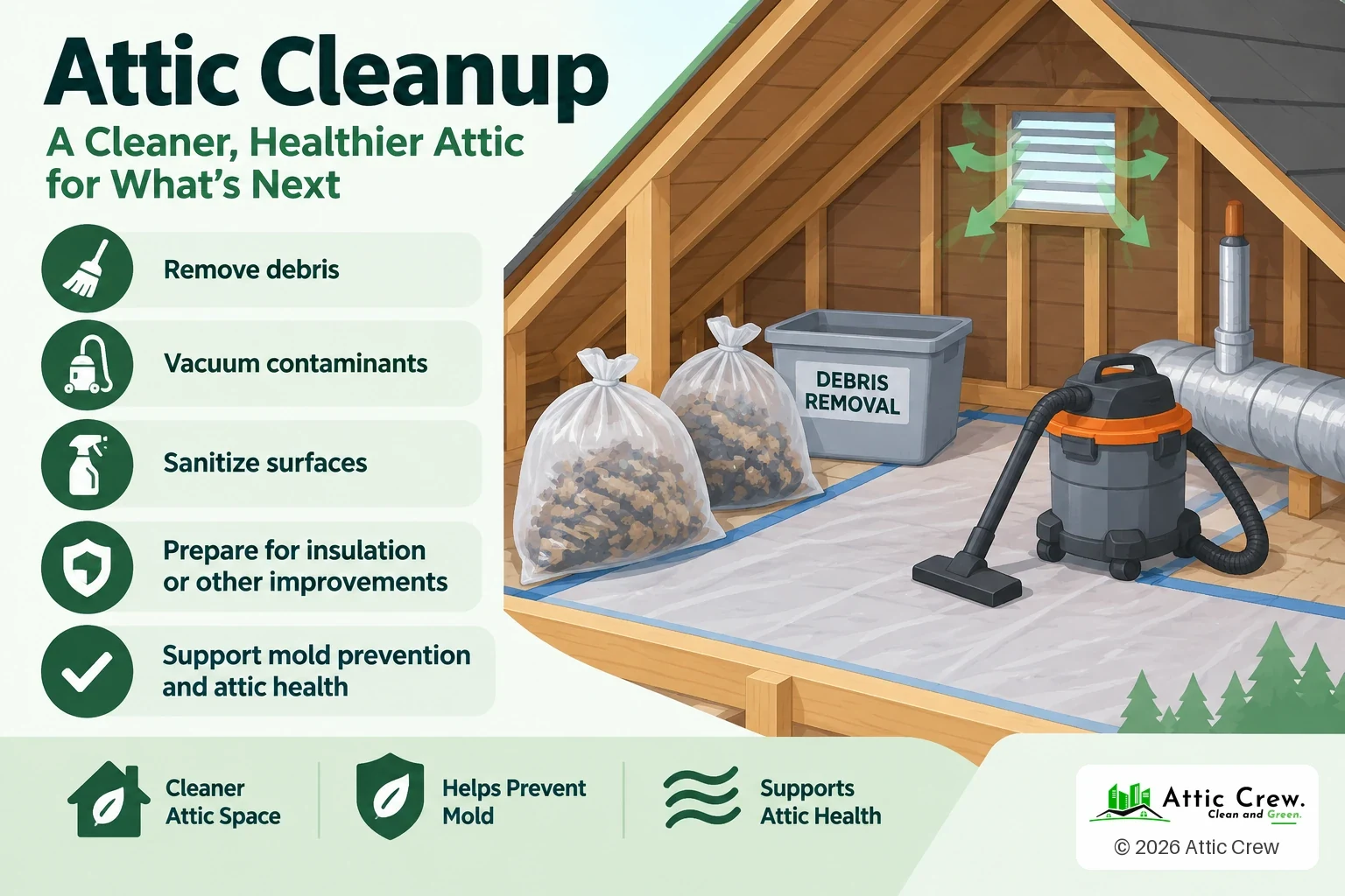 Infographic: Attic cleanup: a cleaner, healthier attic. Remove debris: Old storage, nests and contaminated material come out. Vacuum contaminants: Droppings, dust and old insulation are vacuumed out. Sanitize surfaces: The attic is sanitized and deodorized. Prepare for what's next: A clean attic is ready for new insulation or other improvements. Support attic health: A clean, ventilated attic helps prevent mold.