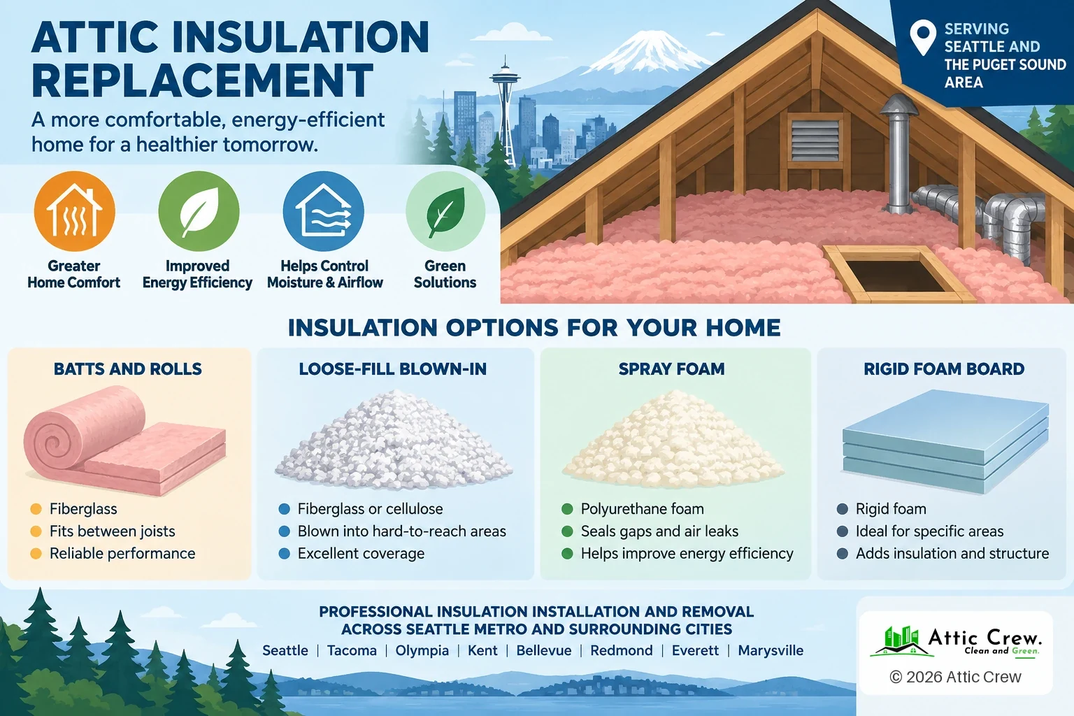 Infographic: Insulation options for your home. Batts and rolls: Fiberglass batts fitted between joists, with reliable performance. Loose-fill blown-in: Fiberglass or cellulose blown into hard-to-reach areas for excellent coverage. Spray foam: Polyurethane foam that seals gaps and air leaks. Rigid foam board: Rigid panels for specific areas.