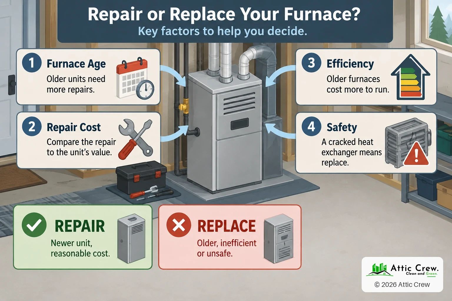 Infographic: Repair or replace your furnace?. Furnace age: Older units need more repairs. Repair cost: Compare the repair to the unit's value. Efficiency: Older furnaces cost more to run. Safety: A cracked heat exchanger means replace. Repair: A good option for a newer unit at a reasonable cost. Replace: Often best for older, inefficient or unsafe systems.
