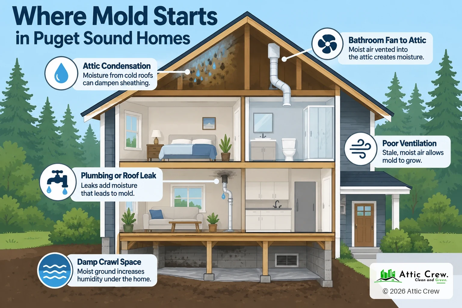 Infographic: Where mold starts in Puget Sound homes. Attic condensation: Moisture from the house condenses on cold roof sheathing. Bathroom fan to attic: Fans that vent moist air into the attic instead of outdoors. Poor ventilation: Stale, moist air lets mold grow. Plumbing or roof leaks: Leaks add moisture that leads to mold. Damp crawl space: Moist ground raises humidity under the home.