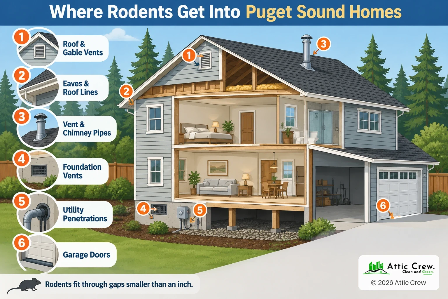 Infographic: Where rodents get into Puget Sound homes. Roof & gable vents: Torn or missing screens are the most common way in. Eaves & roof lines: Gaps where the roof meets the walls. Vent & chimney pipes: Openings around pipes that run through the roof. Foundation vents: Damaged crawl space screens at ground level. Utility penetrations: Gaps around pipes and cables entering the walls. Garage doors: Worn seals and gaps at the bottom corners.