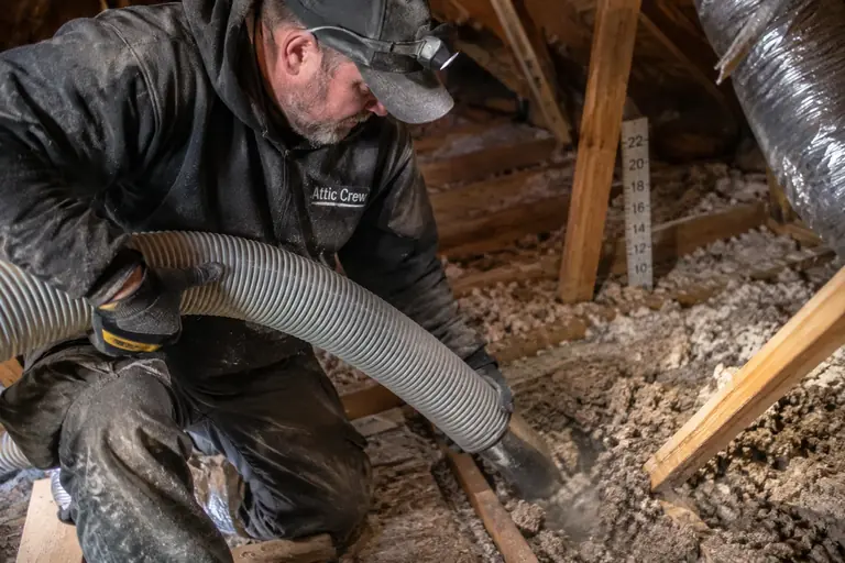 A technician blows loose-fill insulation in an attic.