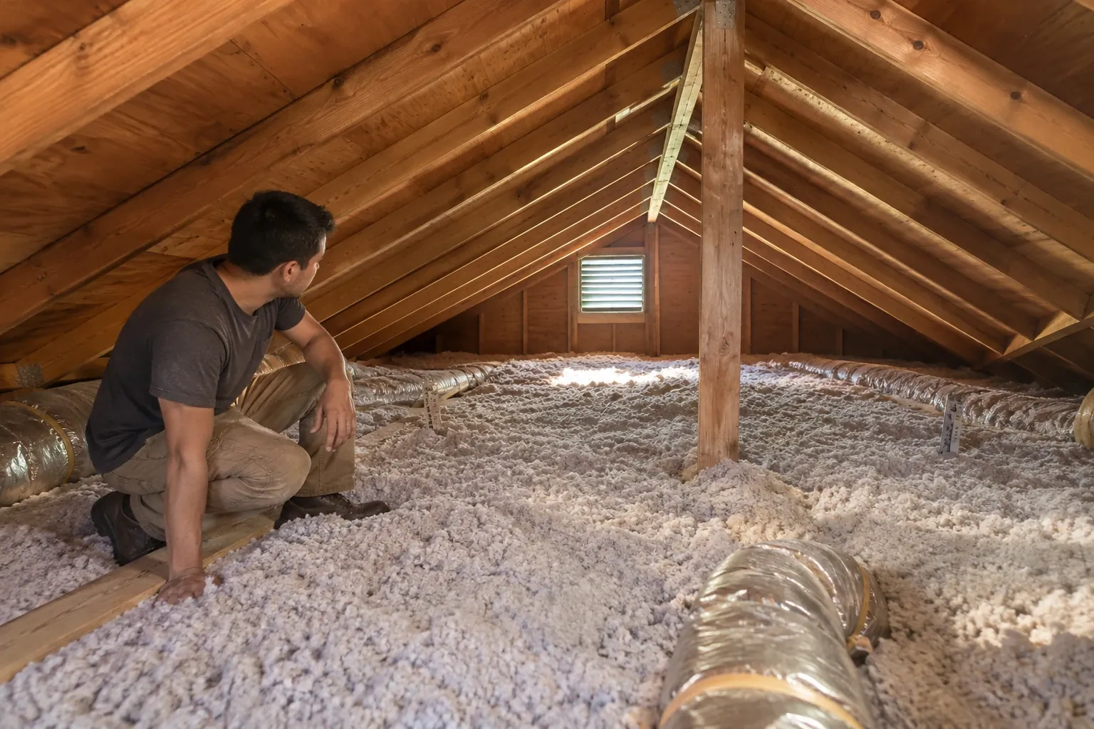 A technician checks a newly insulated attic floor.
