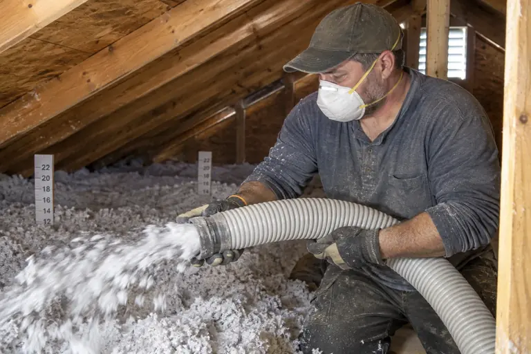 A technician is professionally blowing loose-fill insulation into an attic space with depth rulers visible.